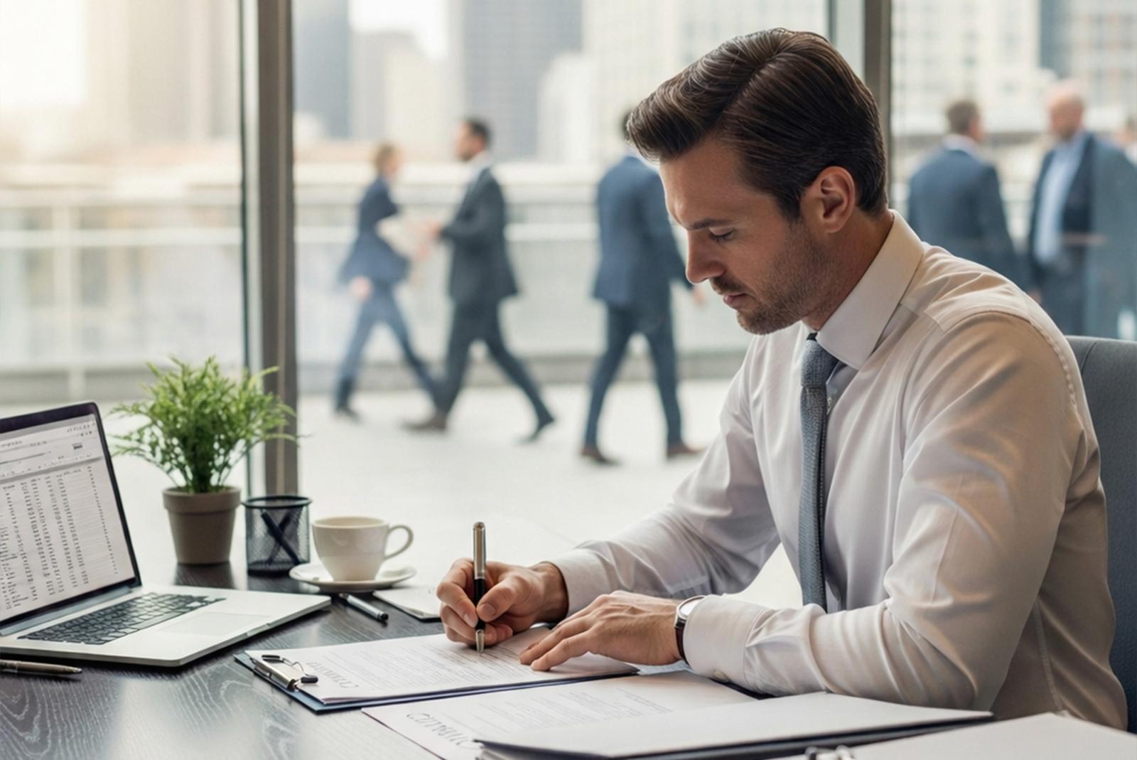 Manager at his desk with timesheets