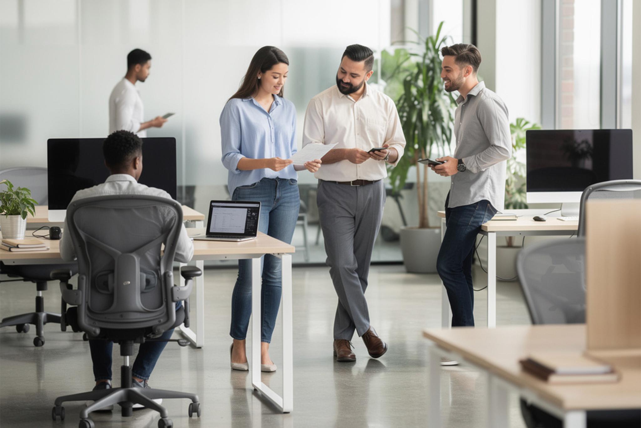 Employees in office environment discussing attendance