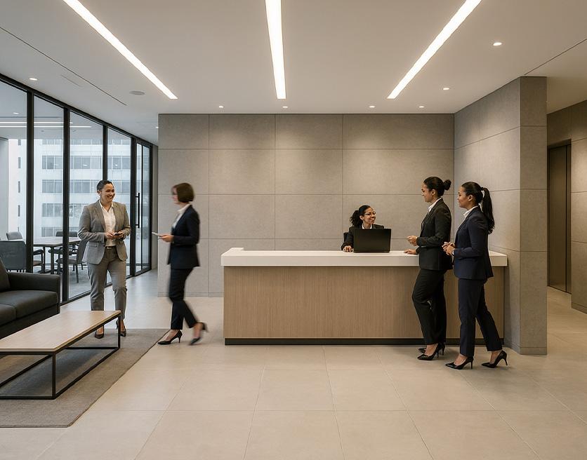 Peoplem in office environment checking in and out of work