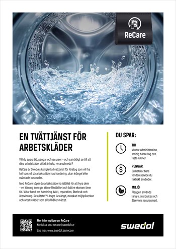 Information om tvätttjänsten ReCare med insidan av en tvättmaskin och text som lyfter fram tids-, kostnads- och miljöbesparingar.