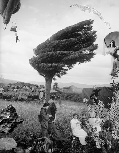 A surreal collage featuring a slanted tree, vintage figures, a tiger, a parachutist, flowers, and a large hand in a grassy landscape.