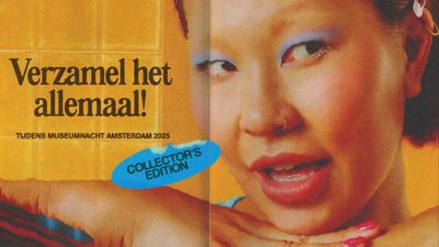 Person with colorful makeup and a nose ring poses against a yellow background. Text: "Verzamel het allemaal! Collector's Edition."