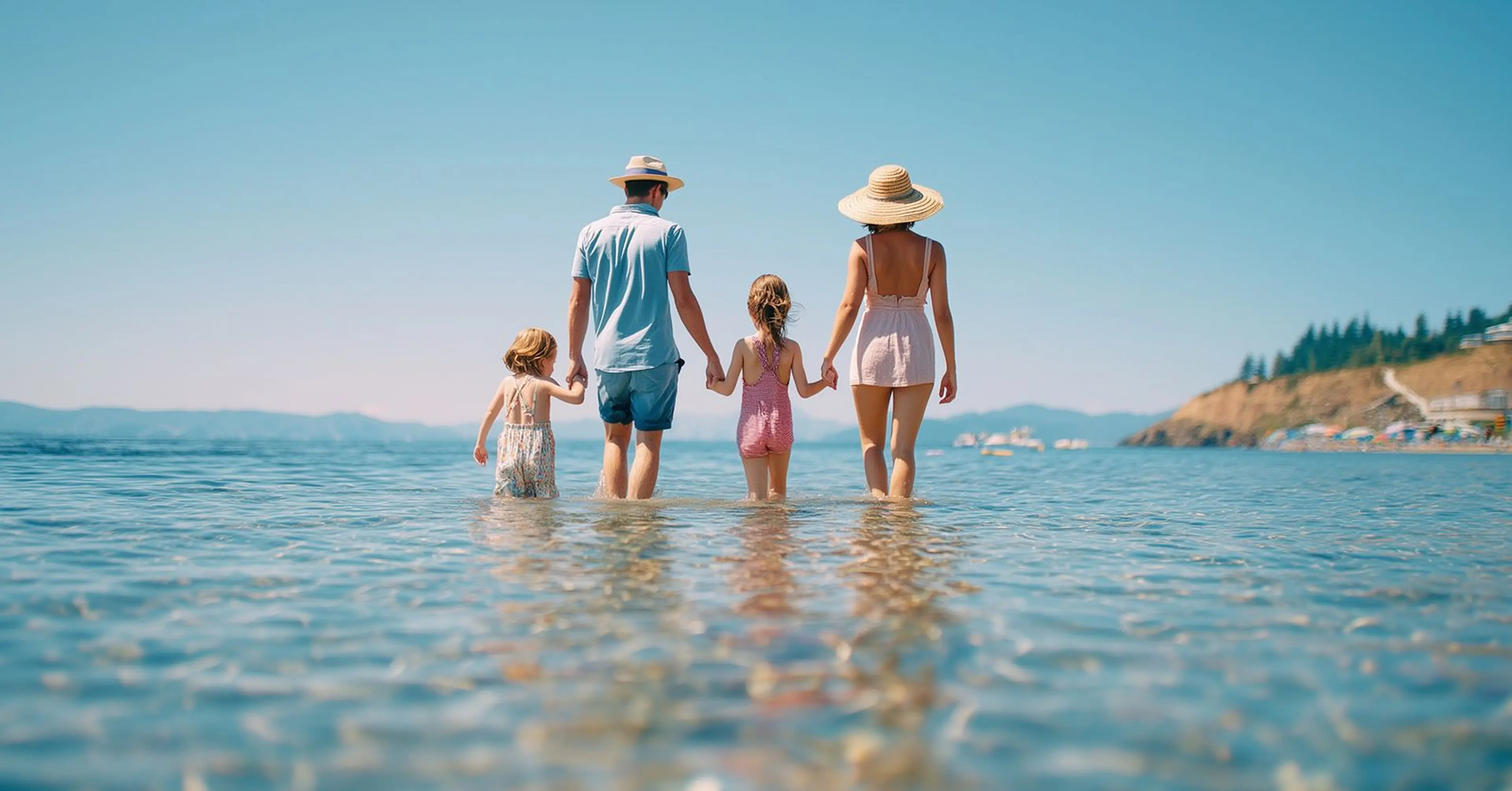 A family of four walking hand in hand into calm, clear sea on a sunny day, seen from behind