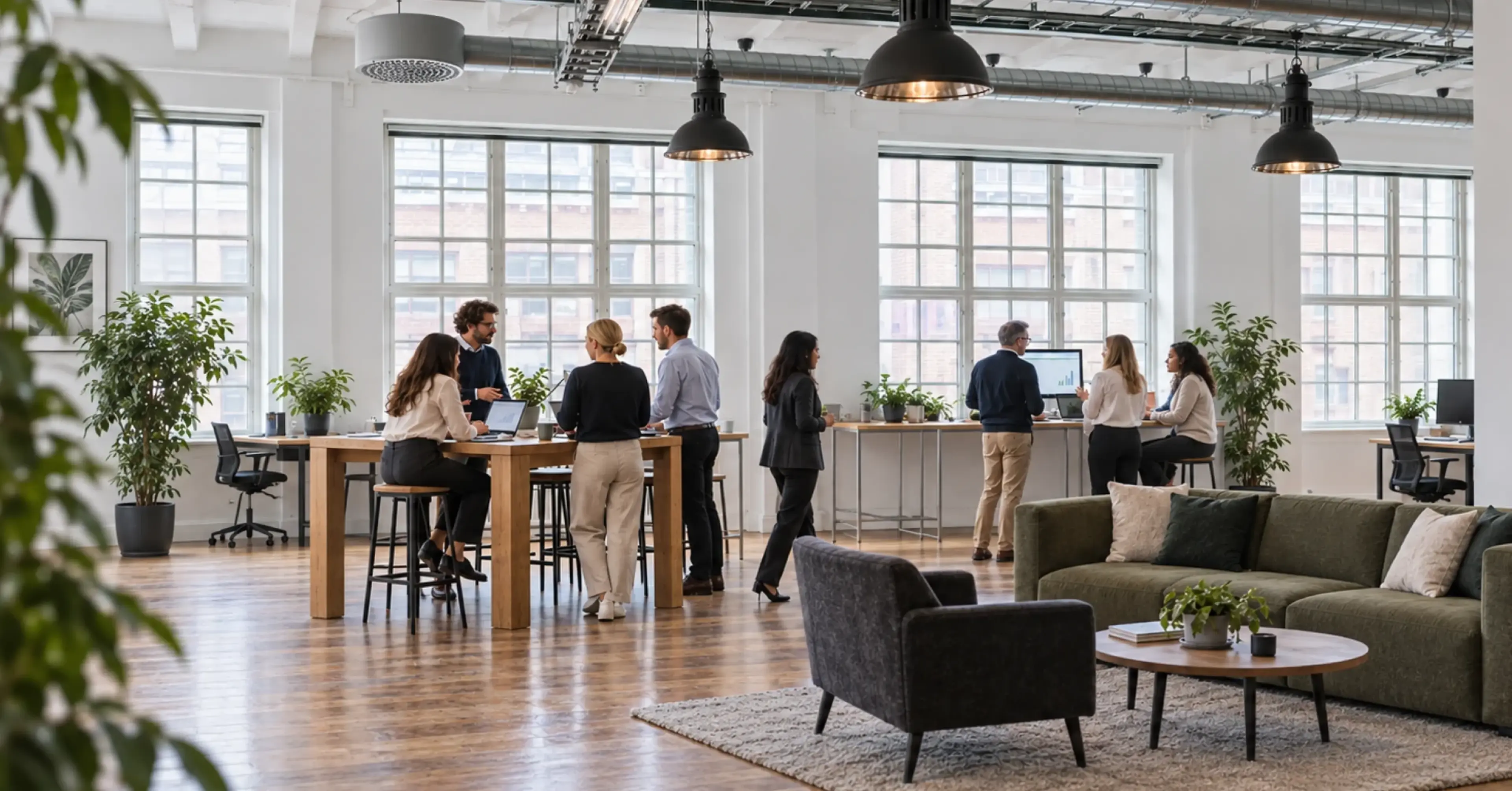 Colleagues working together at tall wooden tables in a bright open-plan office with large windows and plants