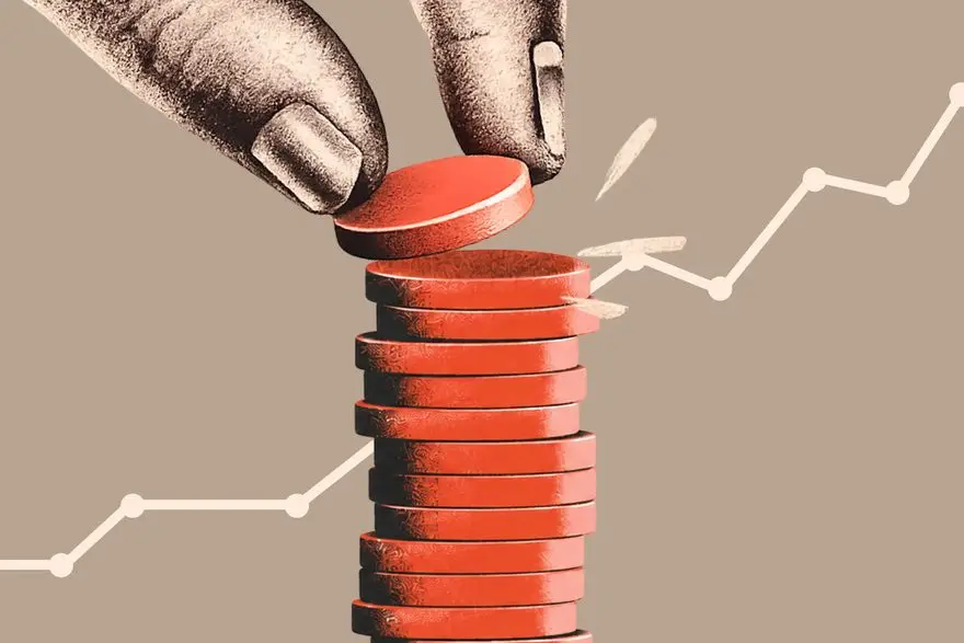 A stack of coins with a rising line behind it