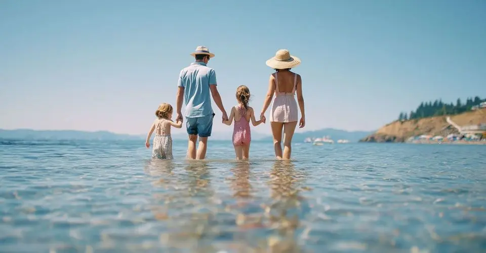 A family holding hands as they wade into shallow sea water