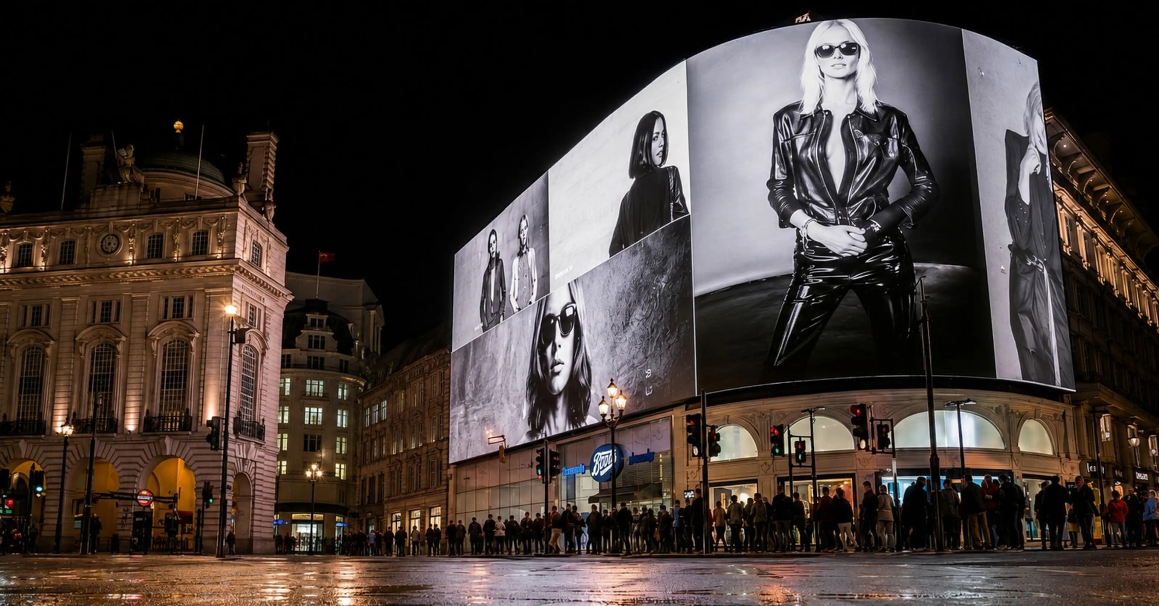 Black and white fashion adverts on the curved digital screens above Piccadilly Circus at night, with crowds on the pavement below