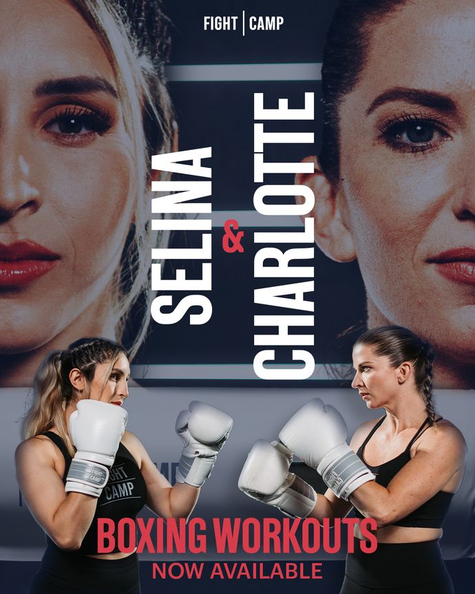 Two women in boxing gloves face each other, with close-up portraits above. Text: "Selina & Charlotte Boxing Workouts Now Available."