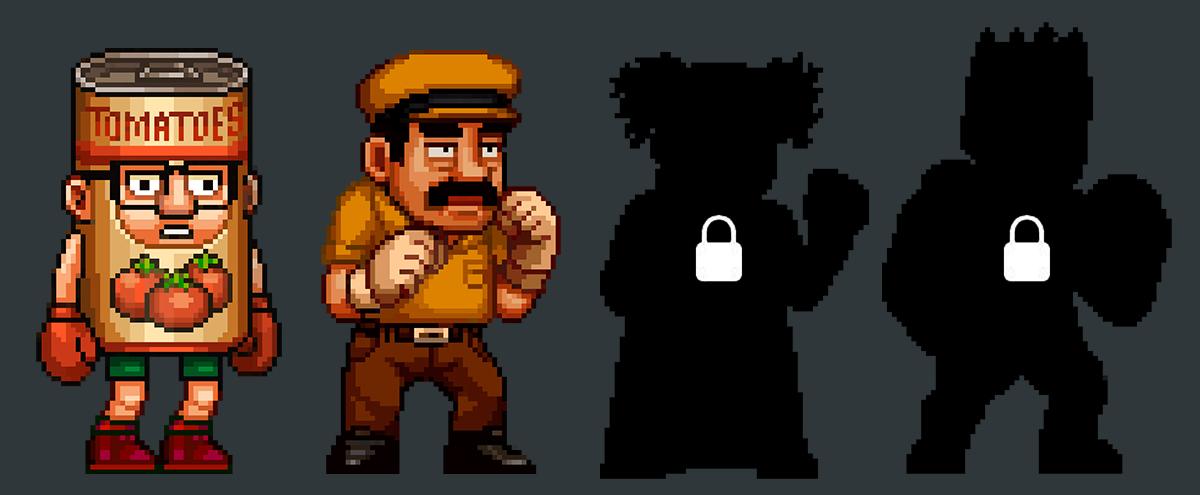 Pixel art characters including a man in a tomato can costume, a man in a cap, and two silhouetted figures with lock icons.