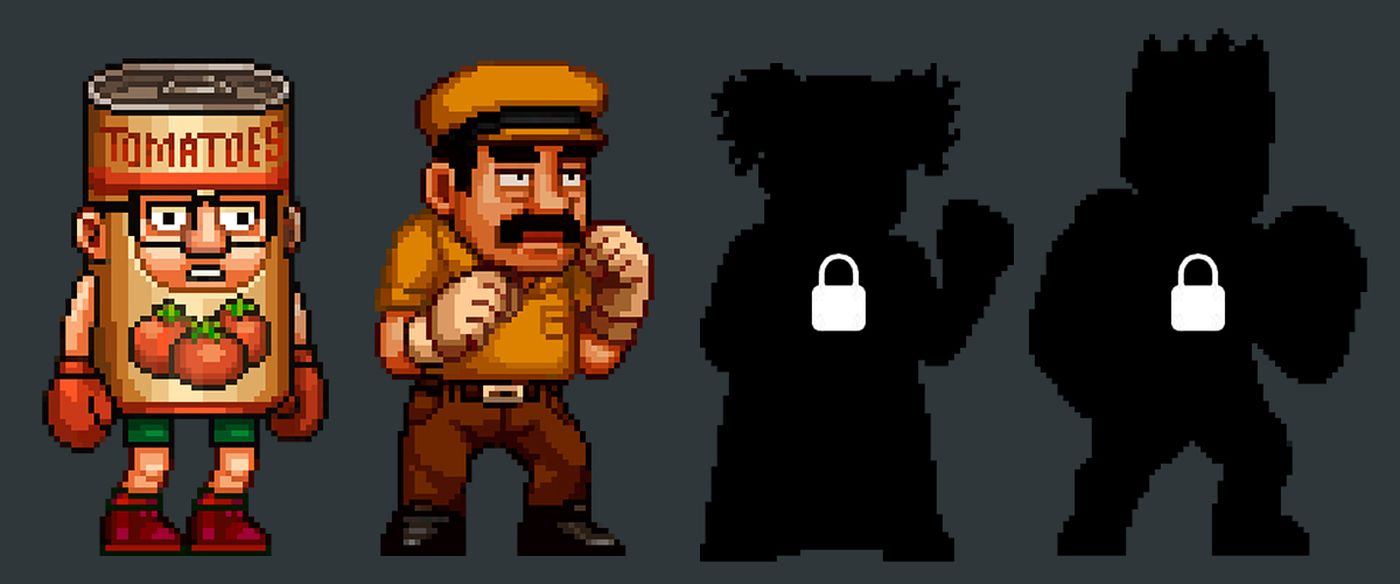 Pixel art characters including a man in a tomato can costume, a man in a cap, and two silhouetted figures with lock icons.