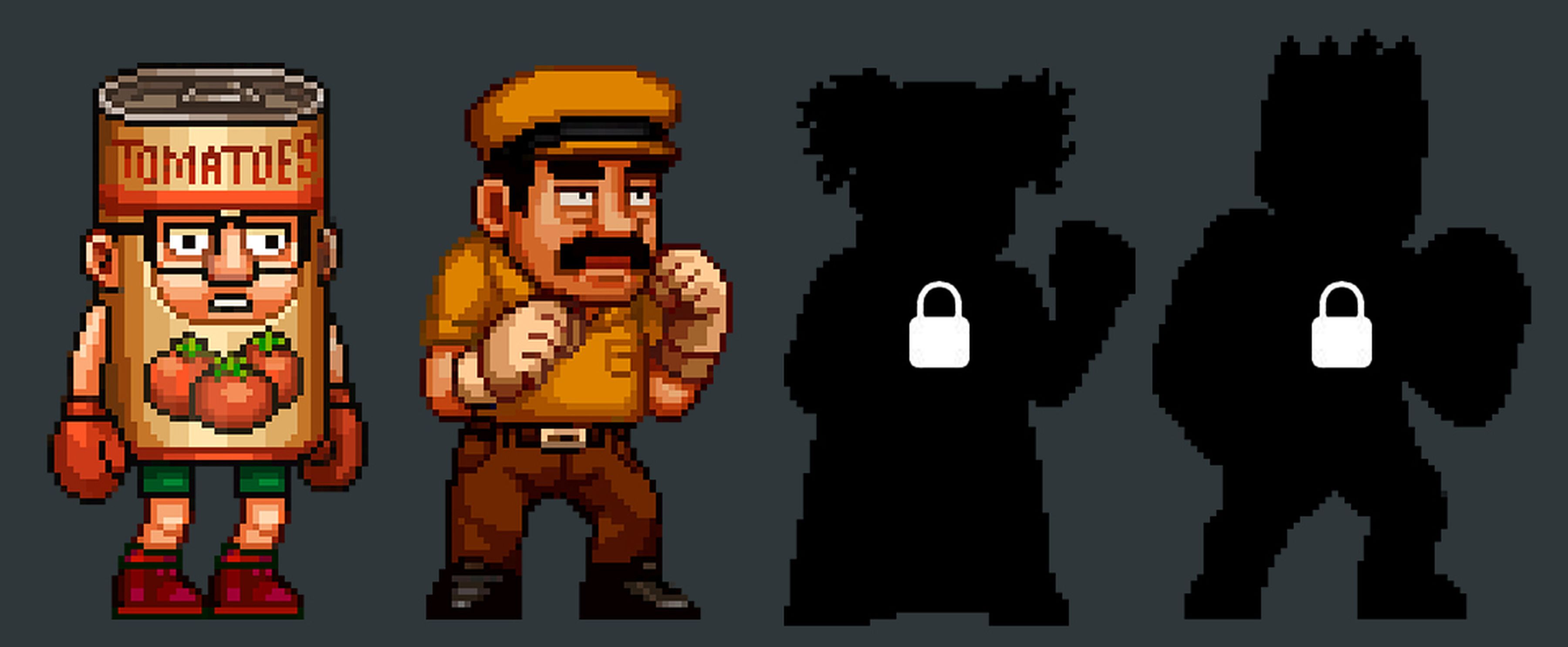 Pixel art characters including a man in a tomato can costume, a man in a cap, and two silhouetted figures with lock icons.
