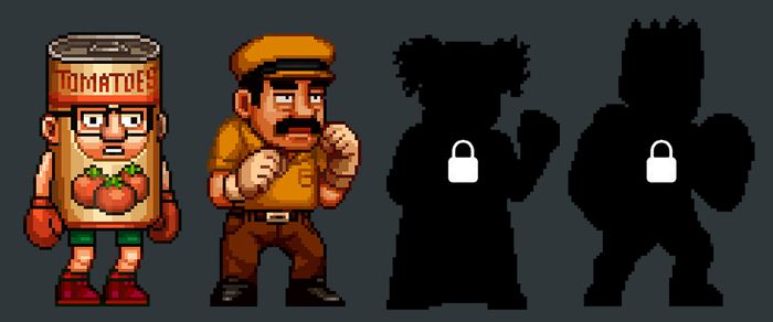 Pixel art characters including a man in a tomato can costume, a man in a cap, and two silhouetted figures with lock icons.