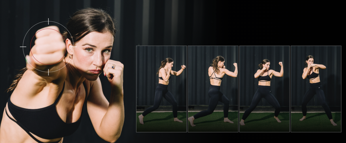 Woman in workout attire throws a punch towards the camera, with a focus circle over her fist. Three smaller images show her punch sequence.