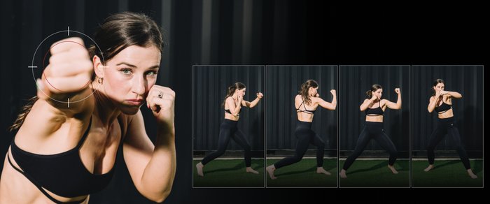 Woman in workout attire throws a punch towards the camera, with a focus circle over her fist. Three smaller images show her punch sequence.