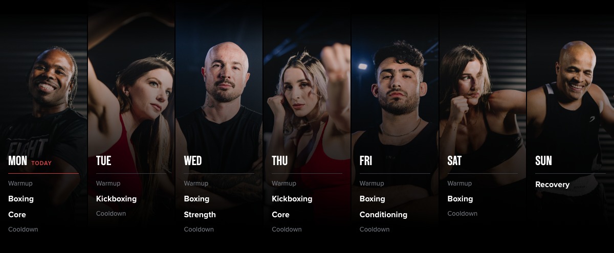 Weekly fitness schedule with various instructors. Activities include boxing, kickboxing, core, strength, conditioning, and recovery.