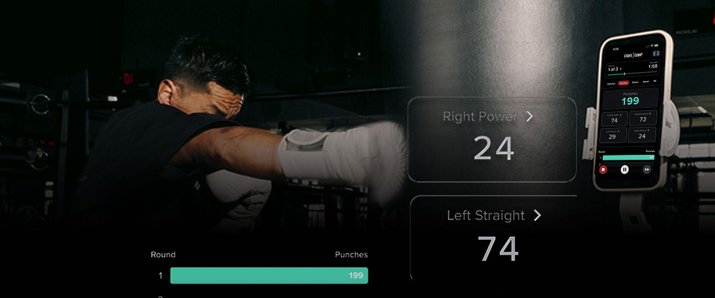 Boxer in action with a punching tracker app displaying right power: 24, left straight: 74, and total punches: 199.