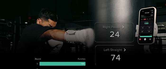 Boxer in action with a punching tracker app displaying right power: 24, left straight: 74, and total punches: 199.