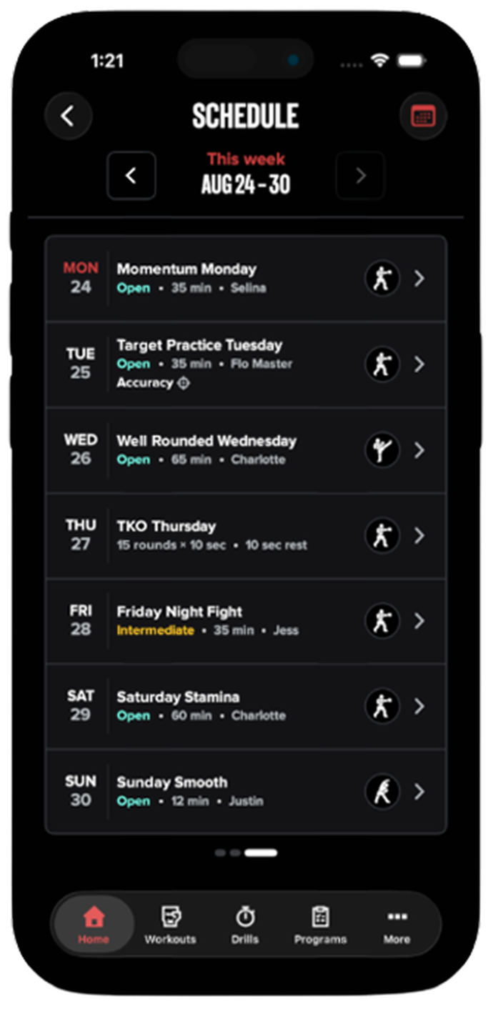 A smartphone screen displaying a weekly workout schedule from August 24 to 30, listing activities, durations, and instructors for each day.