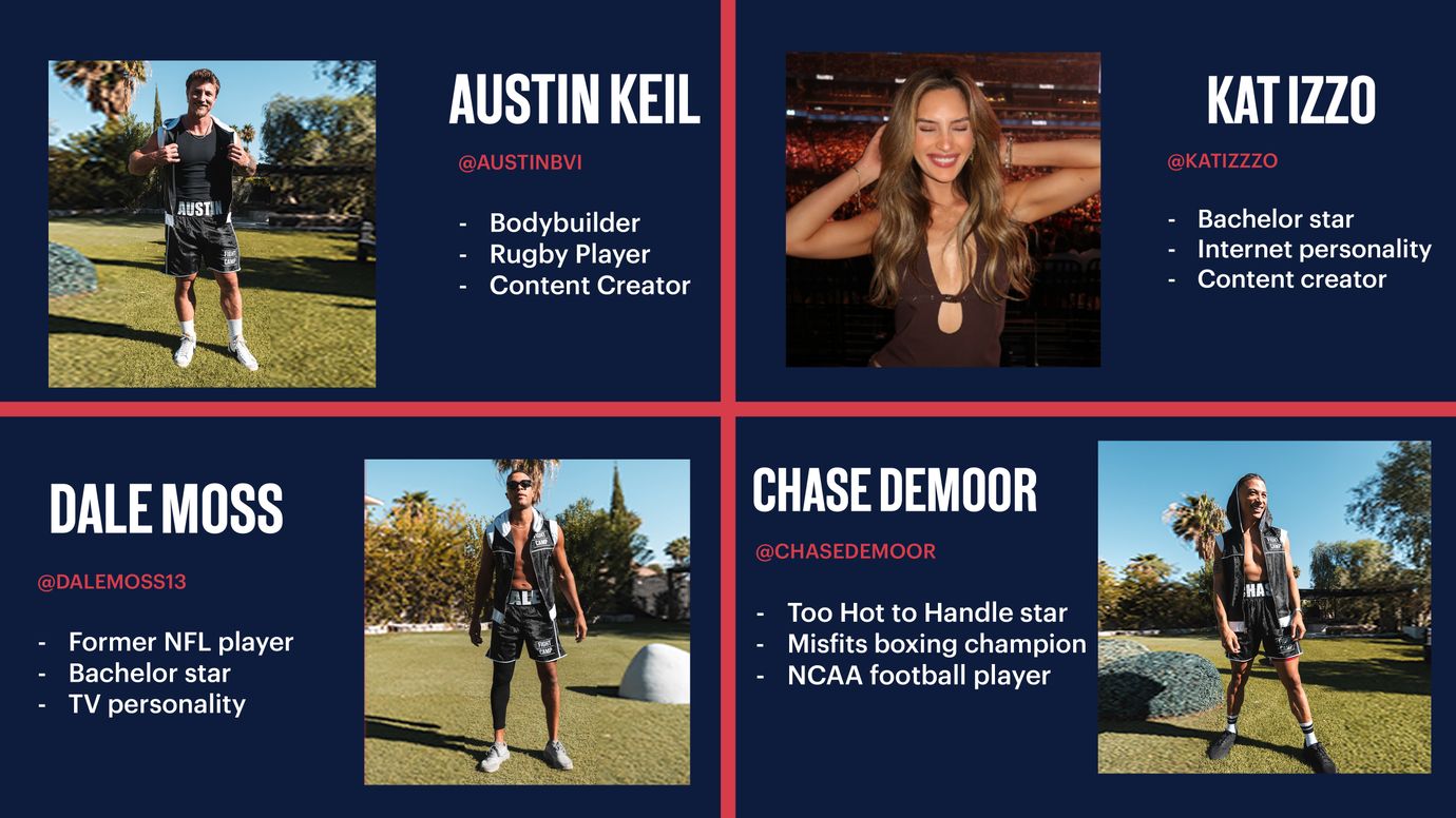 Four profiles of individuals with names, social media handles, and brief descriptions, set against a blue and red background.