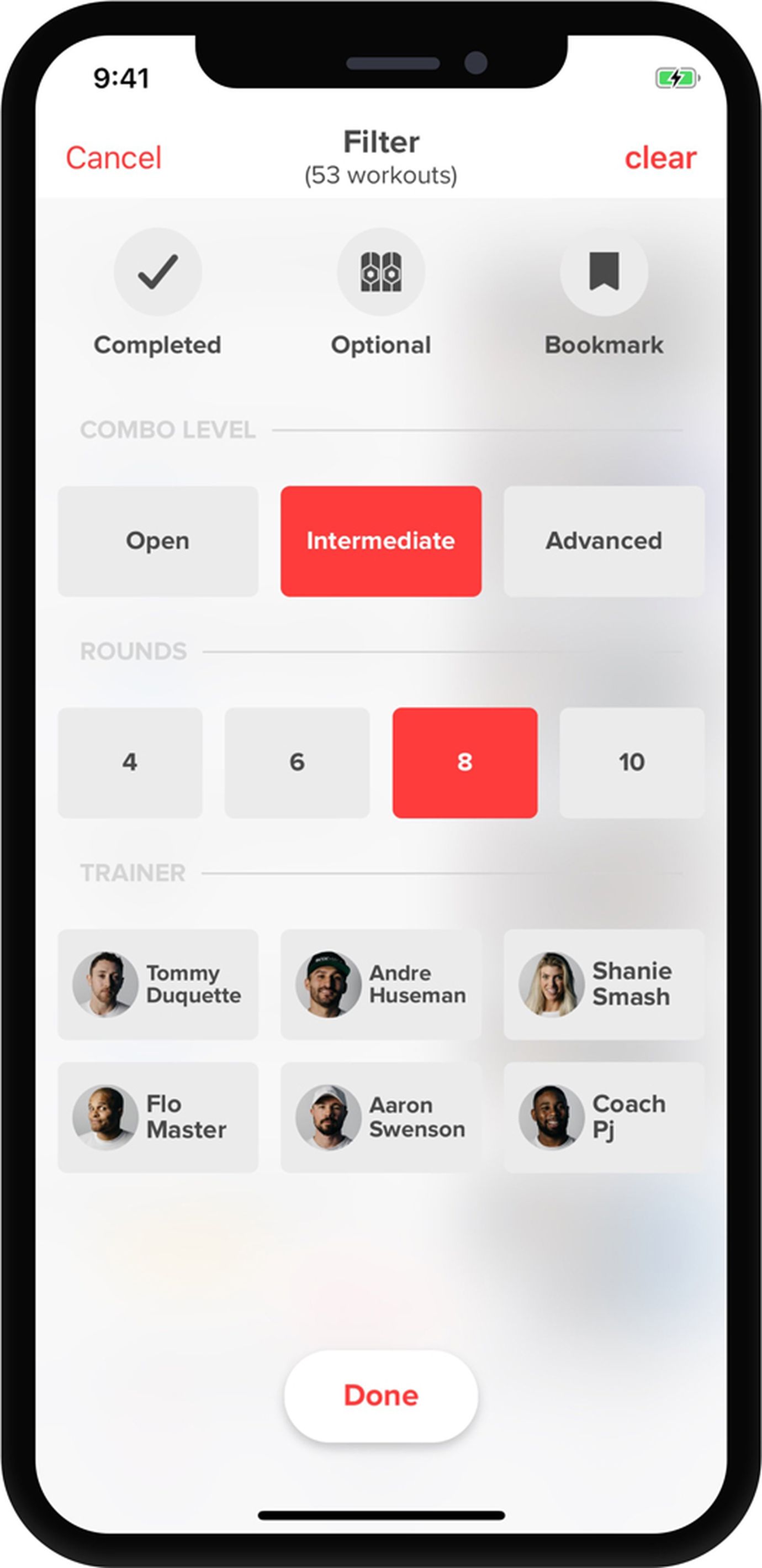 FightCamp App Select Filters