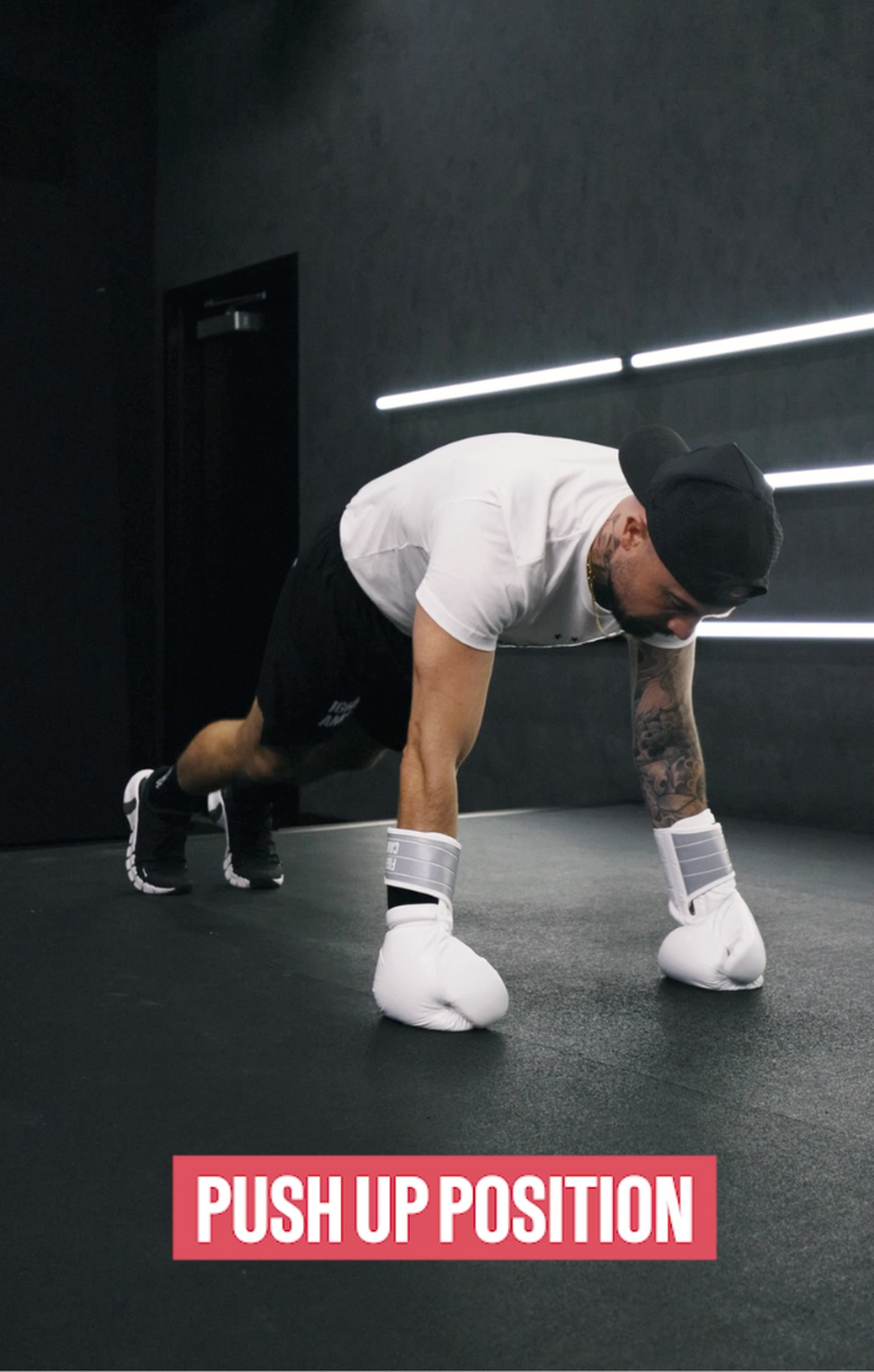 Start in a high plank, push-up position
