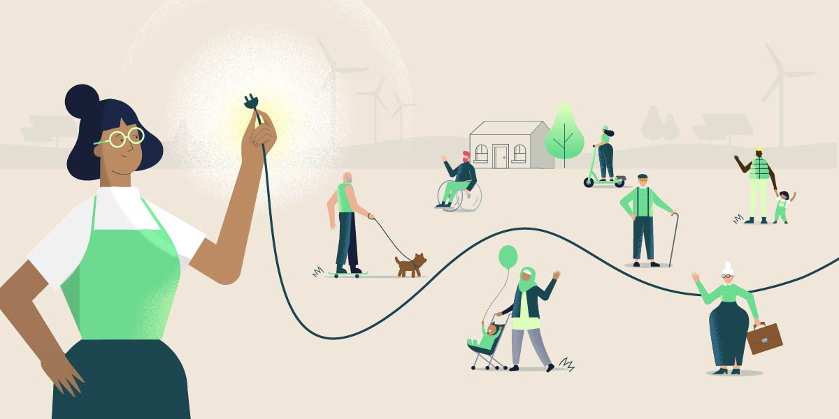 Zoe mit Stecker in der Hand und Freunden im Hintergrund