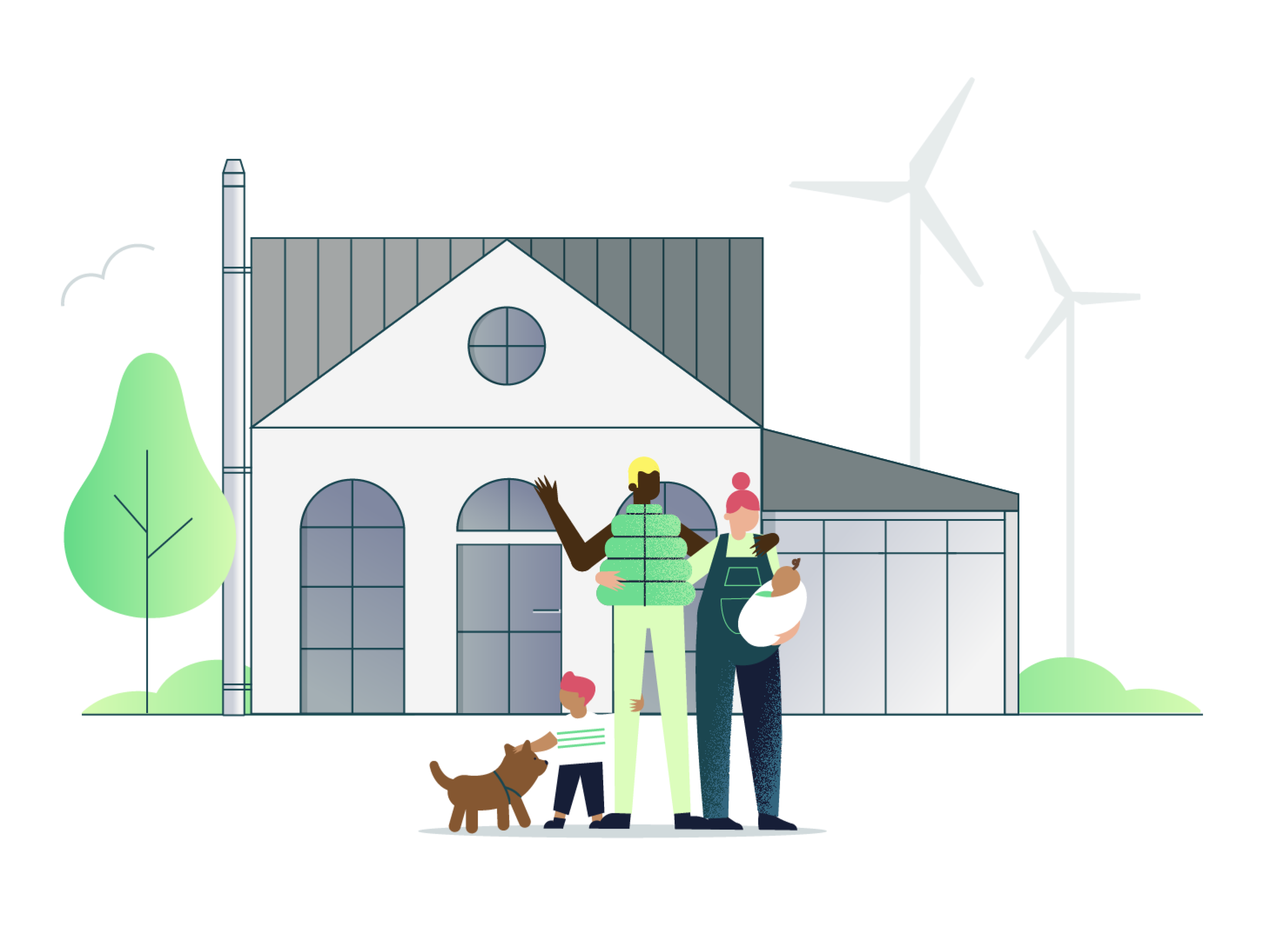 Illustration einer Familie mit Hund vor ihrem Haus mit Windrädern im Hintergrund