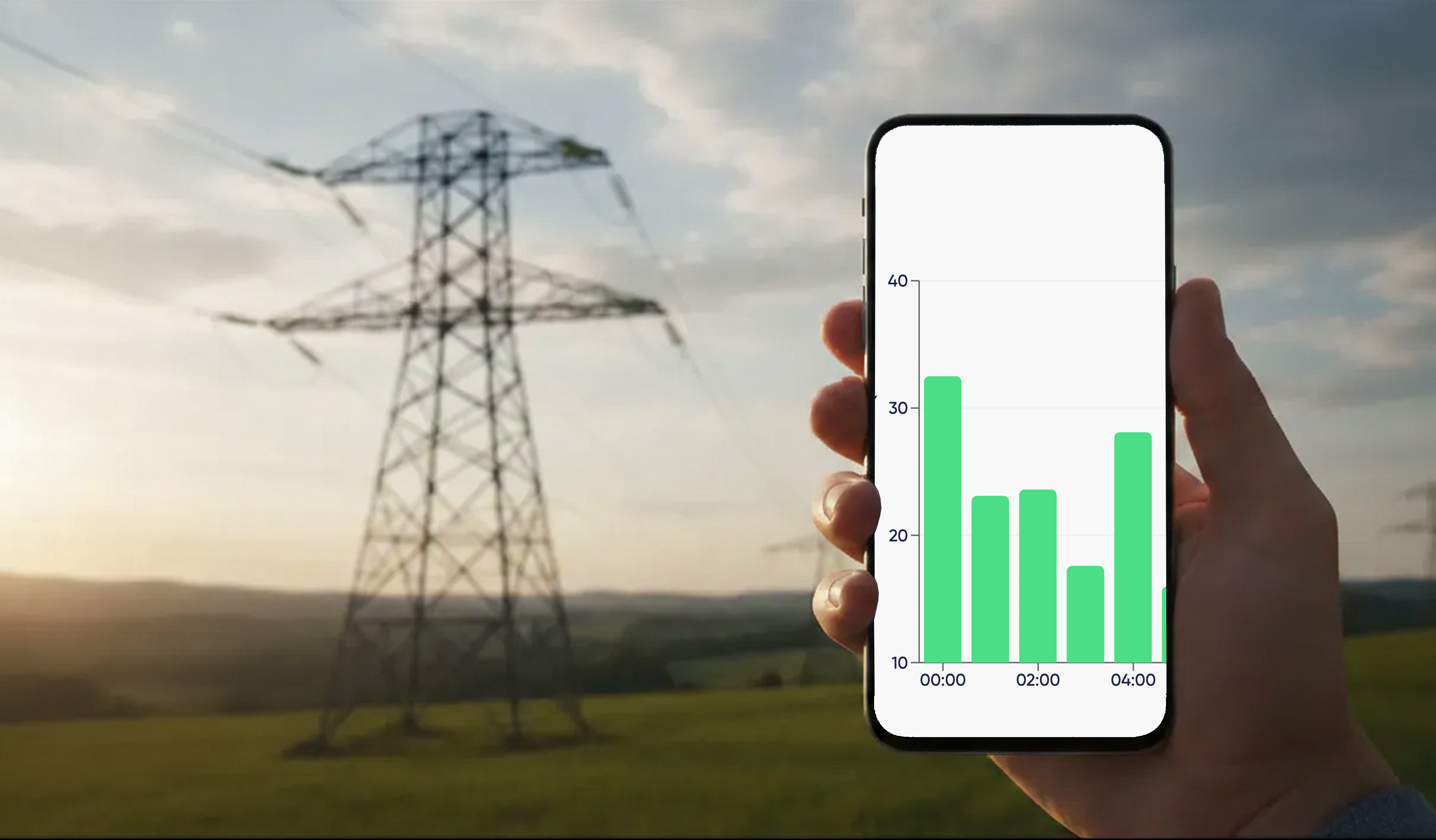 Smartphone mit Börsenpreisen vor einem Strommast