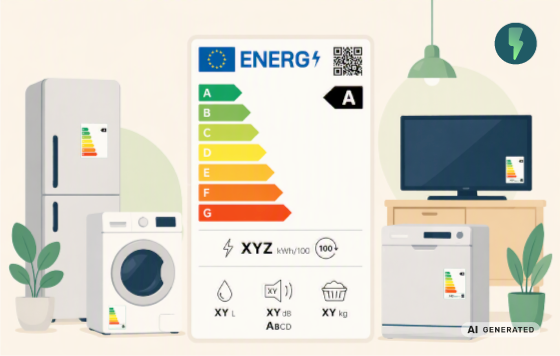 Ansammlung elektronischer Geräte, die mit dem Energielabel ausgestattet werden. Das Energielabel ist mittig groß in Detailansicht.