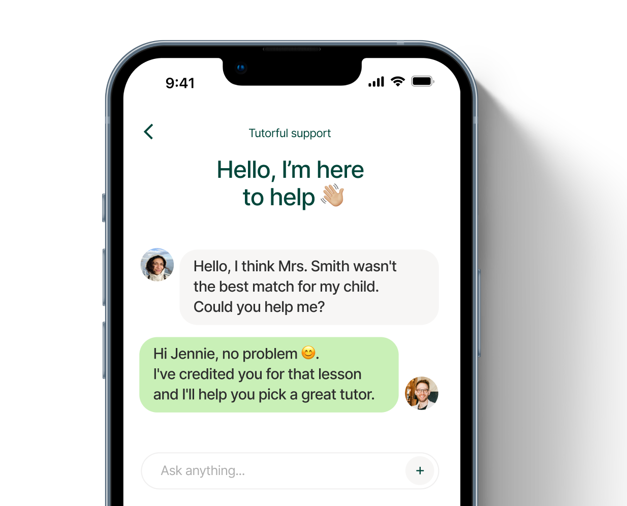 A phone showing the Tutorful support chat