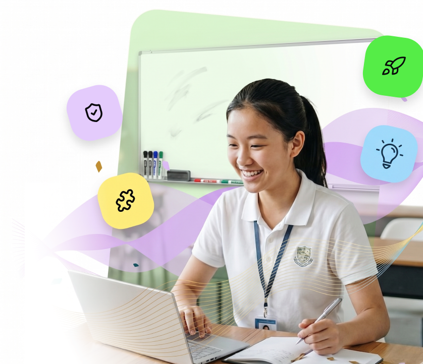Student in uniform smiling while using a laptop, with educational icons and a whiteboard in the background.