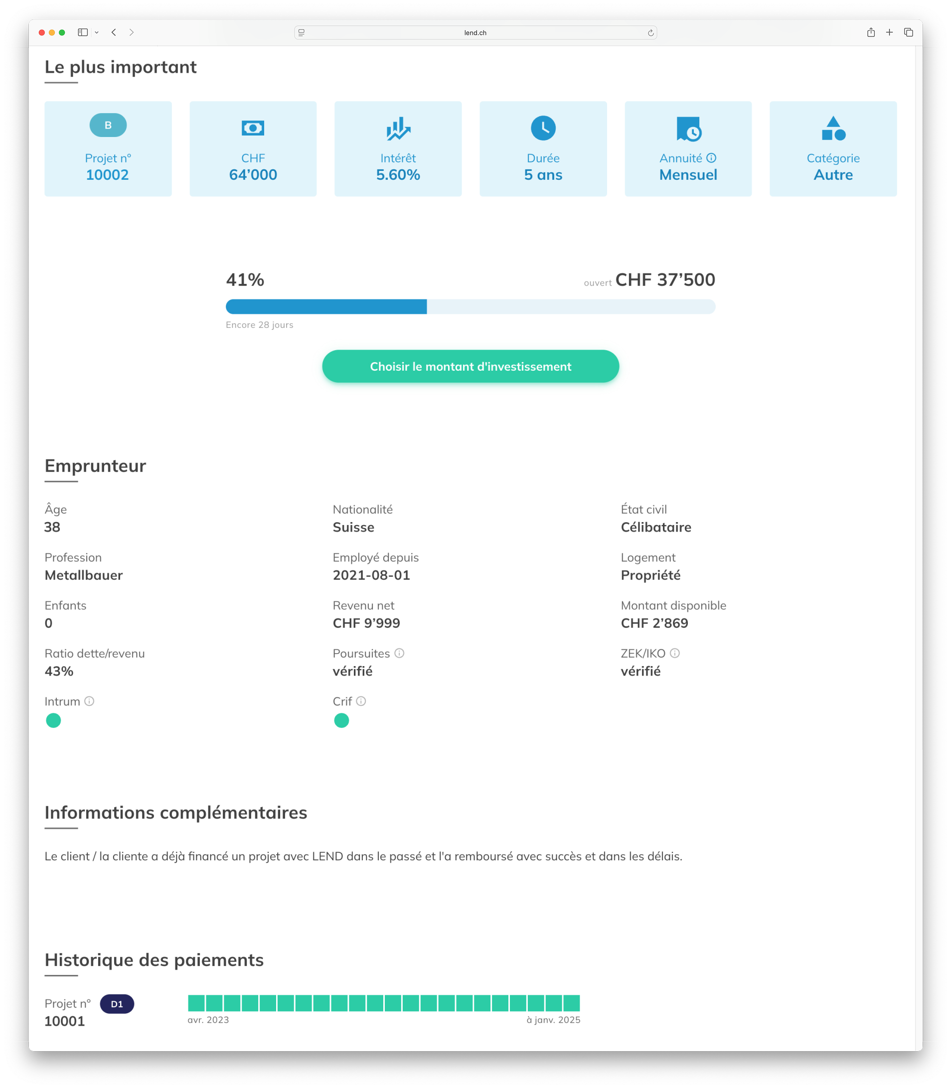 Projet de financement avec informations sur un particulier. La capture d’écran montre la vue détaillée d’un projet de prêt personnel dans le tableau de bord LEND. Les principales conditions du prêt sont visibles, telles que le montant, le taux d’intérêt, la durée, la structure de remboursement et l’état du financement. Des informations sur l’emprunteur ou l’emprunteuse sont également affichées, notamment l’âge, la profession, le revenu, le ratio d’endettement et la situation de logement. L’historique des paiements d’un projet déjà financé complète la vue.