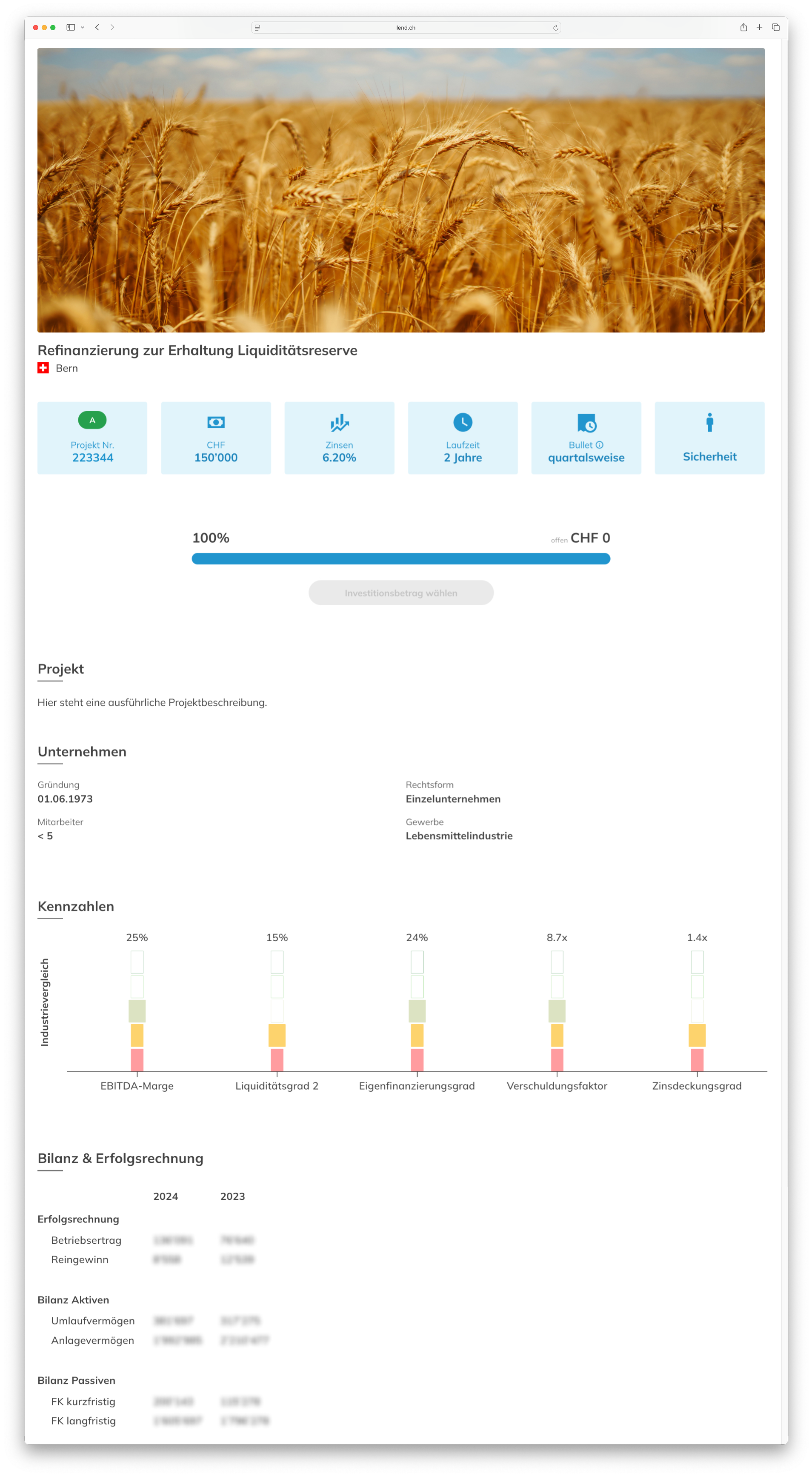 Refinanzierung eines Unternehmens zur Liquiditätssicherung. Der Screenshot zeigt die Detailansicht eines Firmenkreditprojekts im LEND-Dashboard. Im oberen Bereich ist ein Bild eines Getreidefelds mit Projekttitel und Standort zu sehen. Darunter werden die wichtigsten Kreditkonditionen wie Projekt-ID, Betrag, Zinssatz, Laufzeit, Rückzahlungsrhythmus und Sicherheit angezeigt. Es folgen Informationen zum Unternehmen wie Gründungsdatum, Rechtsform, Branche und Kennzahlen zu Liquidität, Eigenkapitalquote, Verschuldung und Zinssicherung. Abschließend wird die Bilanz- und Erfolgsrechnung der Jahre 2023 und 2024 dargestellt.