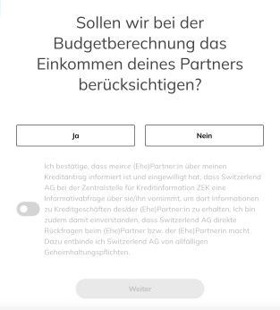 Screenshot des LEND-Kreditrechners mit der Frage, ob bei der Budgetberechnung das Einkommen des Partners berücksichtigt werden soll, also ob eine gemeinsame Krediaufnahme stattfindet oder nur eine Person einen Kredit aufnehmen möchte.