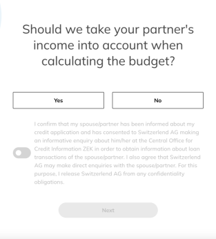 Screenshot of the LEND loan calculator with the question of whether the partner's income should be taken into account in the budget calculation, i.e. whether a joint loan is being taken out or only one person wishes to take out a loan.