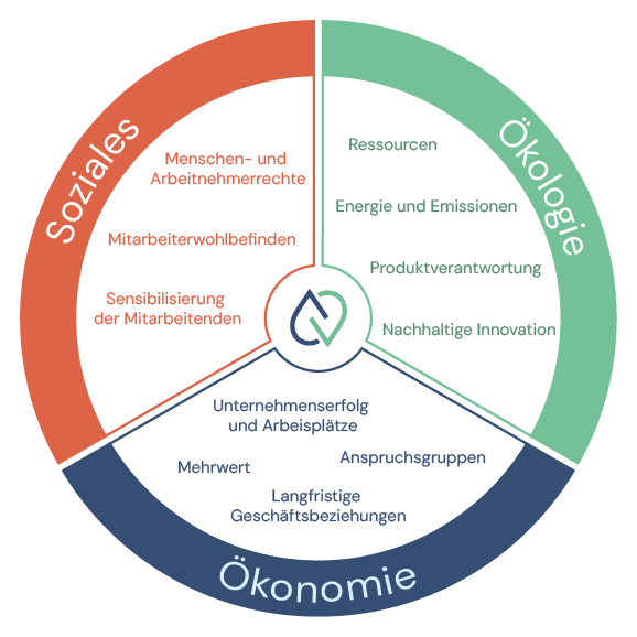Hanser Handlungsfelder mit den drei Bereichen Ökologie, Ökonomie und Soziales
