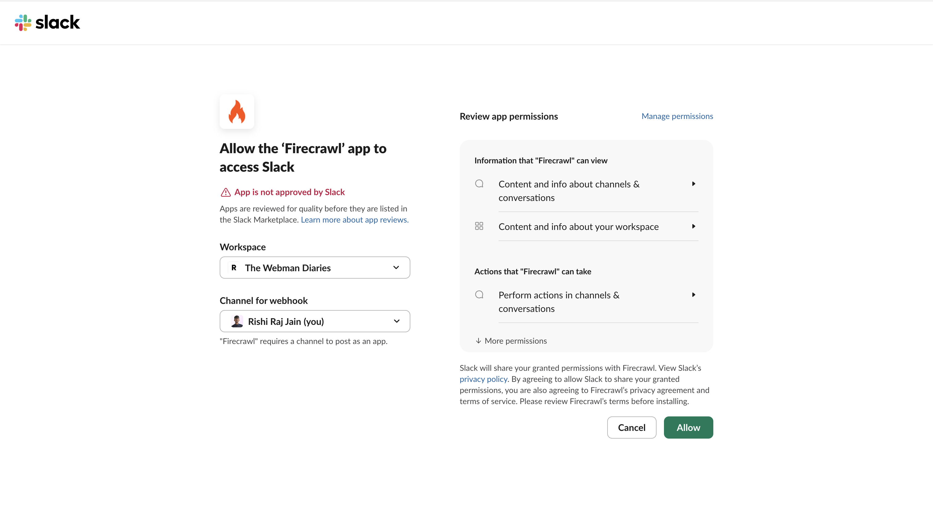 Slack OAuth screen granting the Firecrawl app access, with workspace and channel selectors