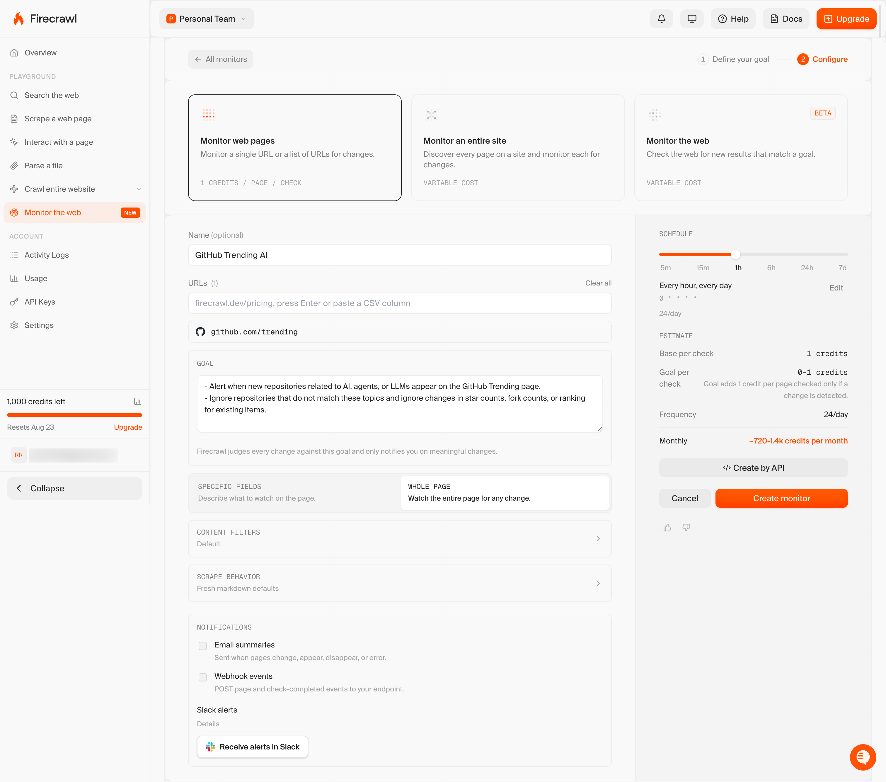 Firecrawl monitor configure step with the Notifications section and a Receive alerts in Slack button