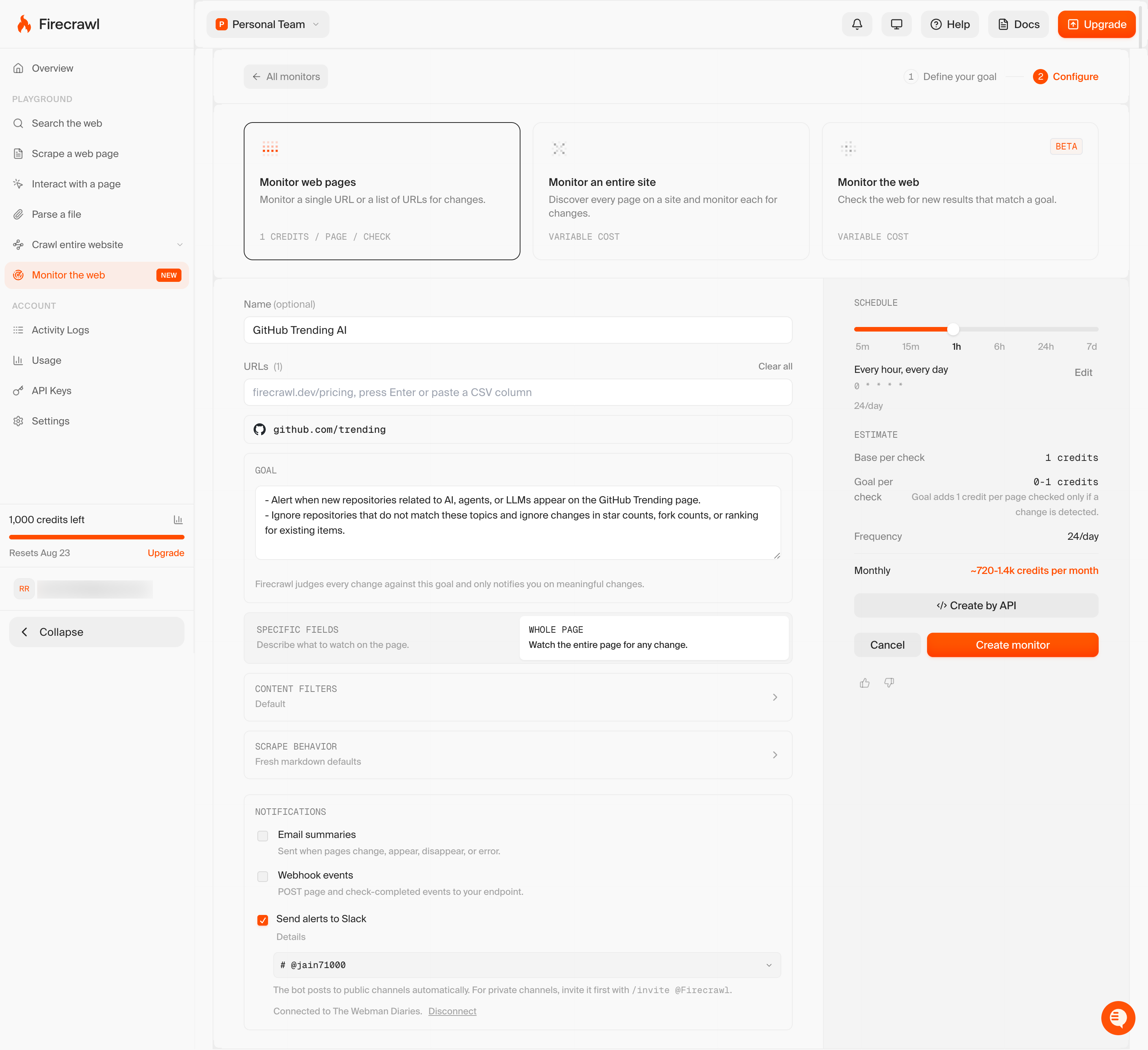 Firecrawl monitor configure step with Send alerts to Slack checked and a connected channel