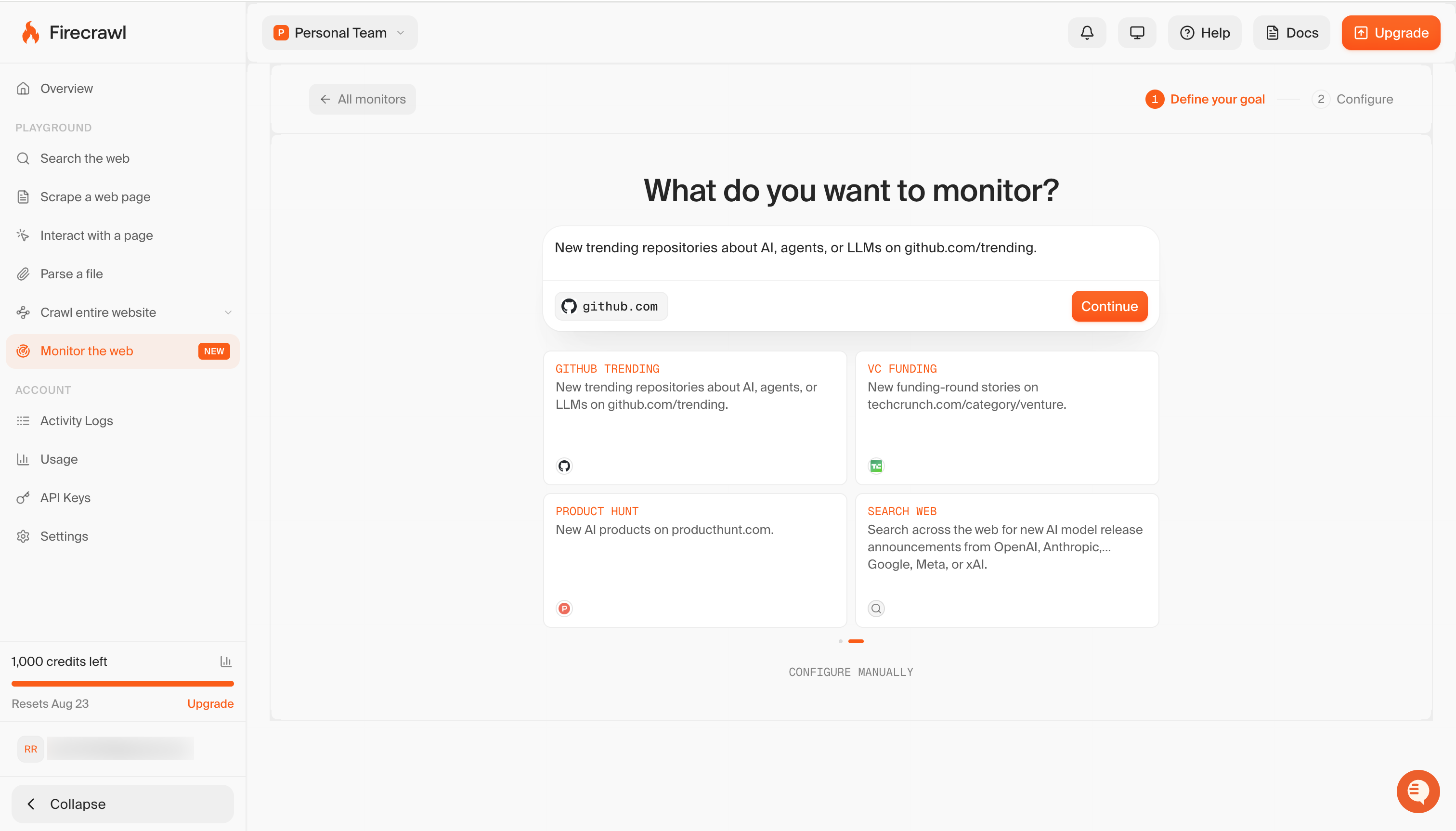 Firecrawl monitor creation step asking what you want to monitor, with a plain-English goal and a URL field