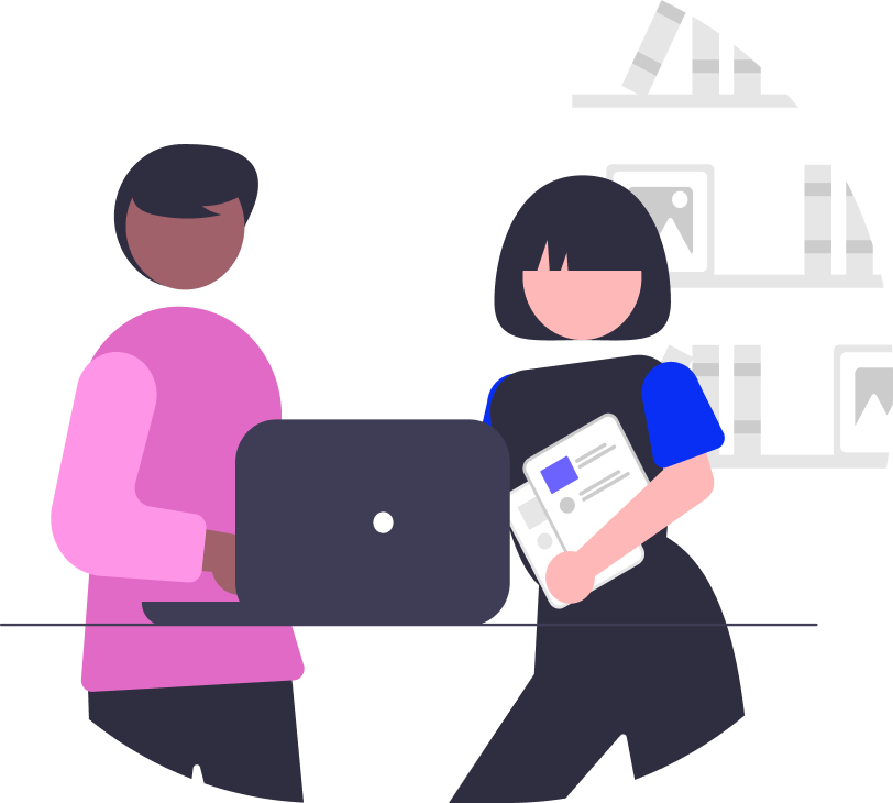 Two people holding documents and looking at a laptop