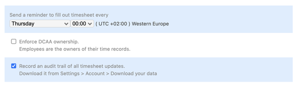 Timesheet reminder settings