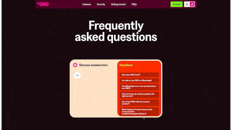 FAQ interaction on the Owo website