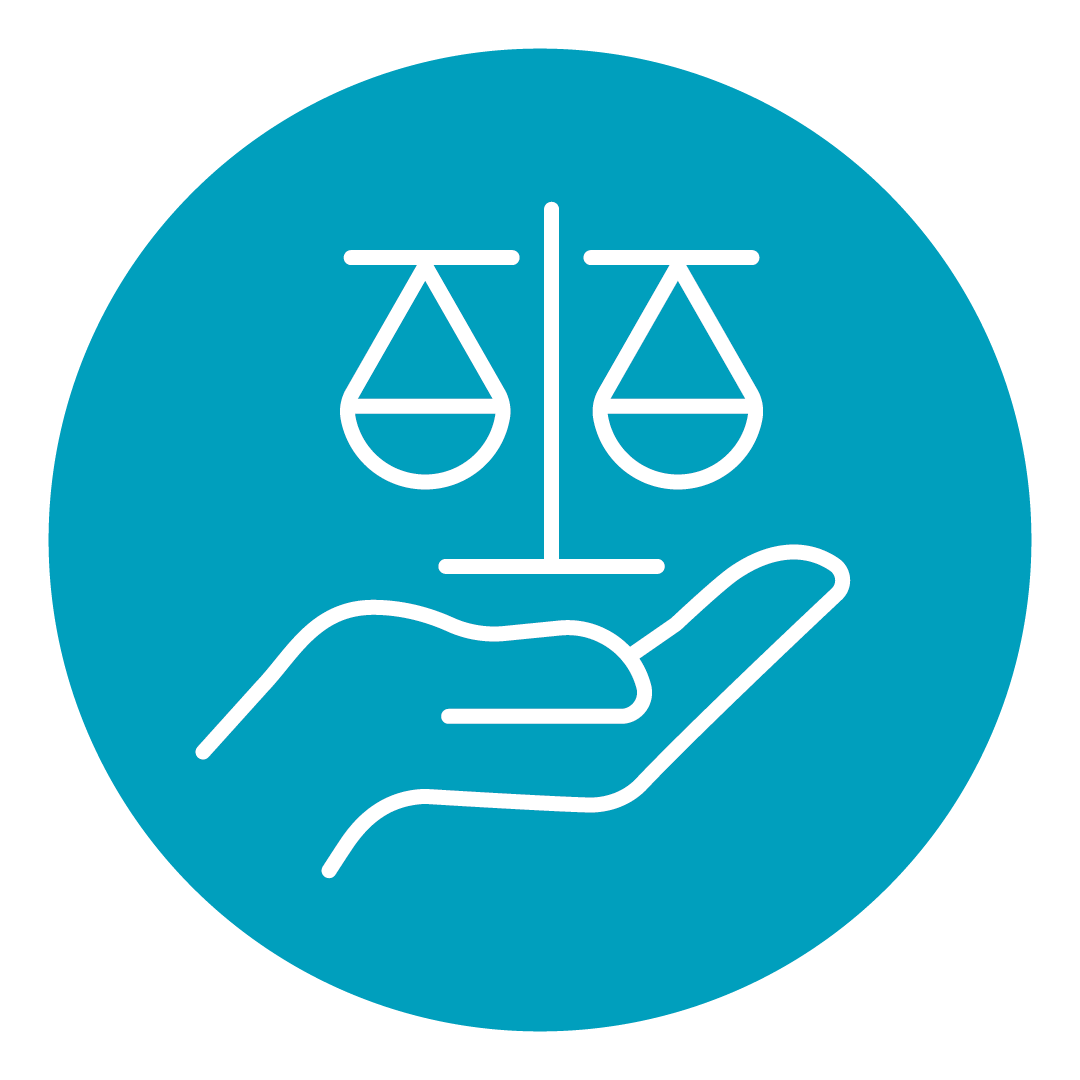Teal icon showing a symbol about balancing a decision