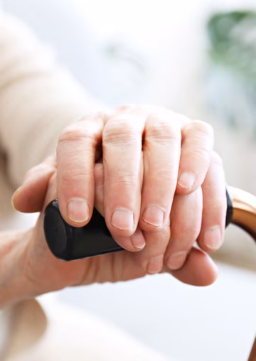 Seniors hands resting on walking frame