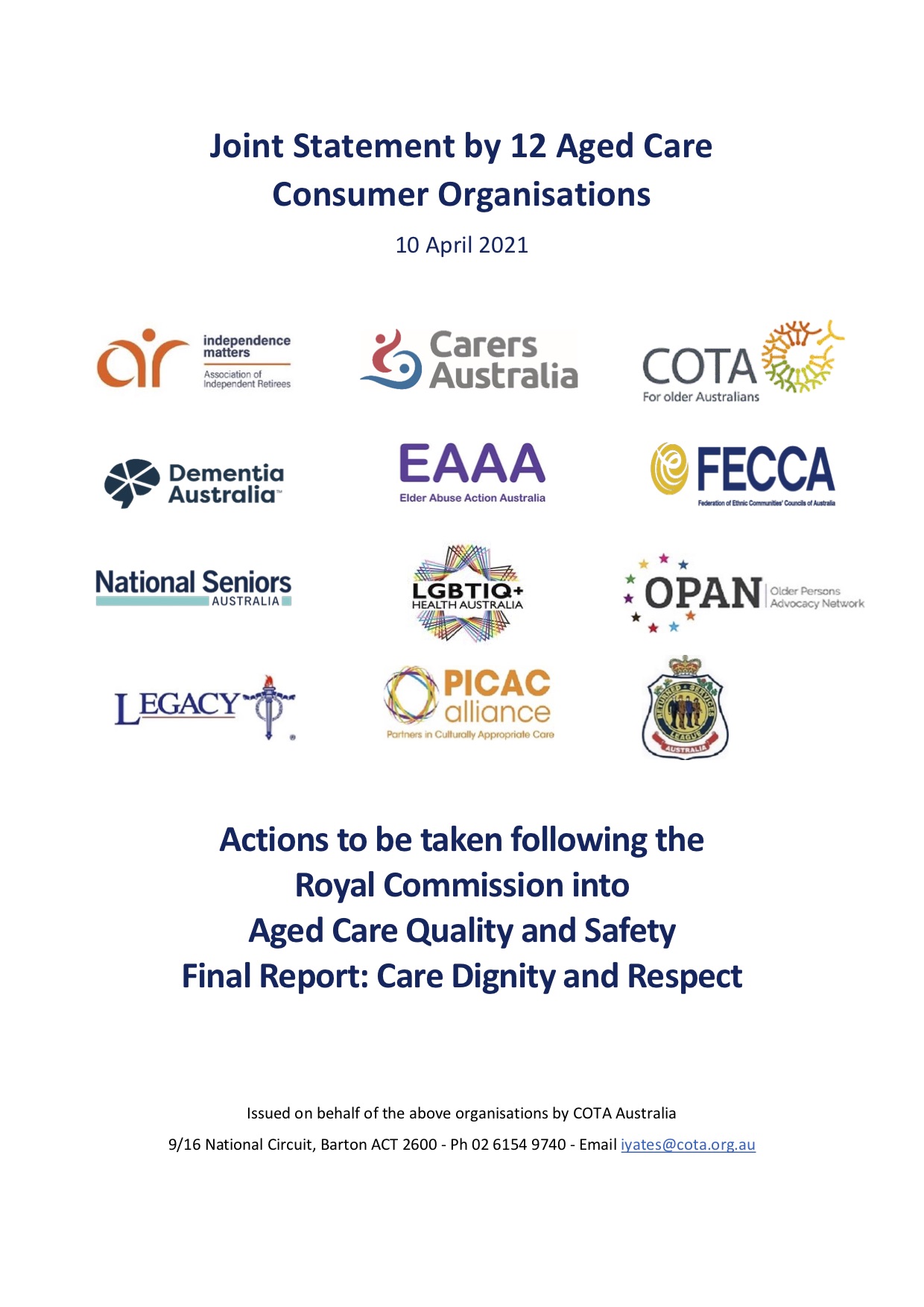 Joint Statement by 12 Aged Care Consumer Organisations Report Cover