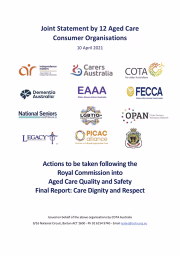 Joint Statement by 12 Aged Care Consumer Organisations Report Cover