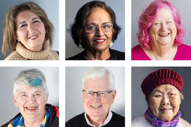 Six photo portraits of a diverse range of smiling people