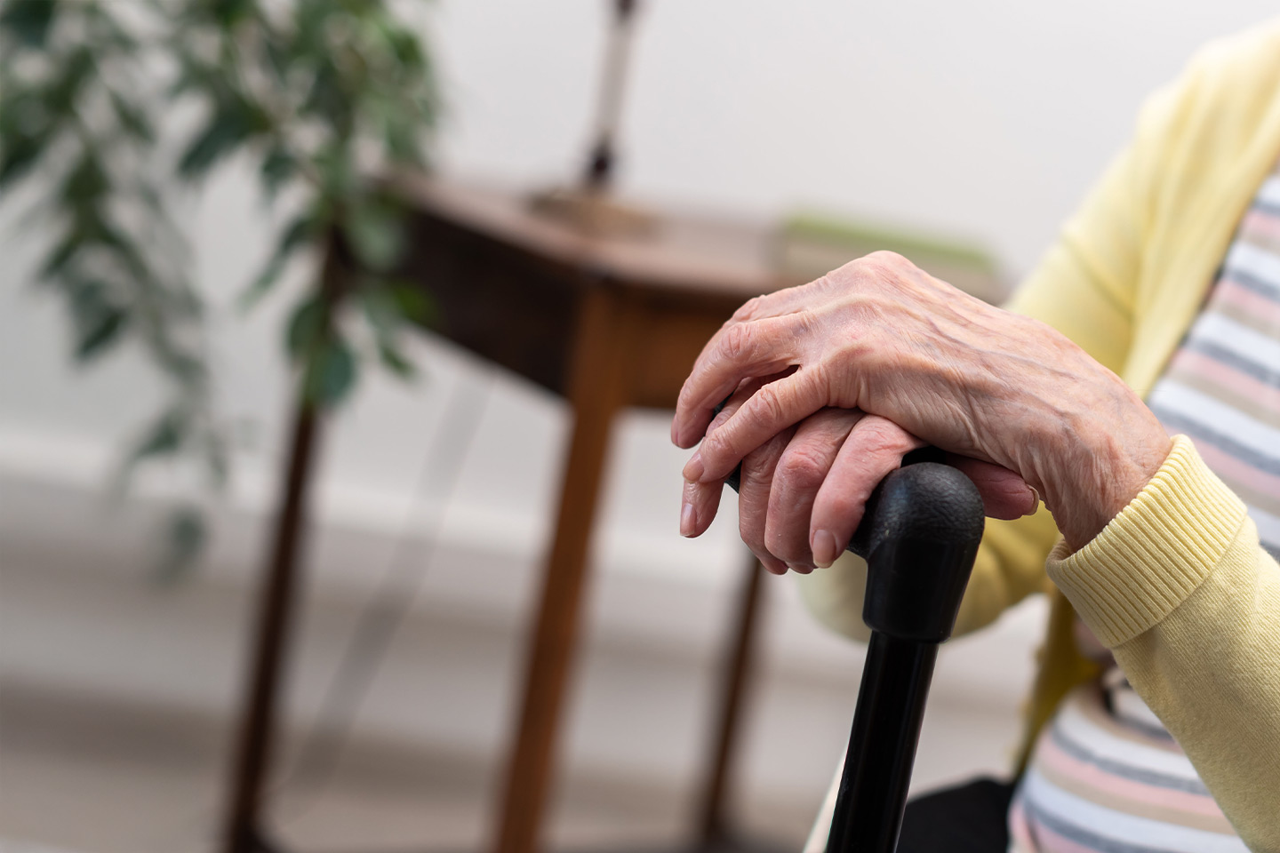 Photo of hands clasped over the top of a walking stick