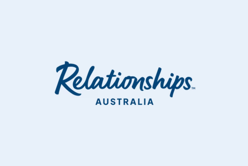 Logo of "Relationships Australia" with blue script text on a light blue background.